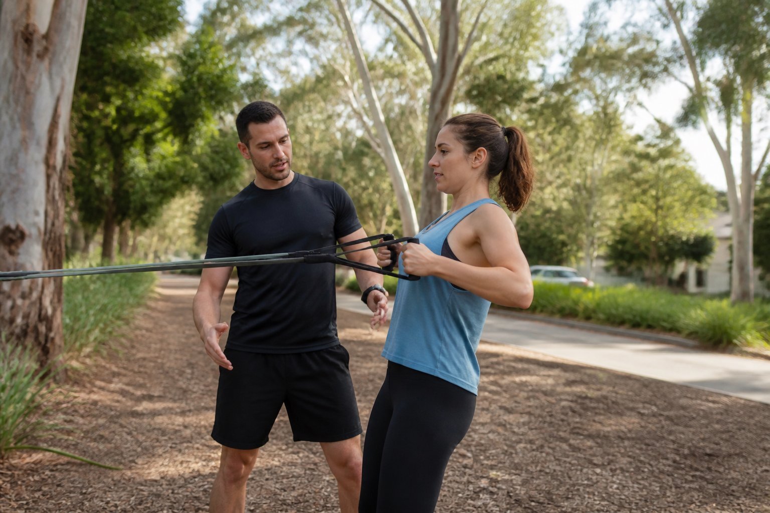 Personal trainer coaching an outdoor resistance-band exercise