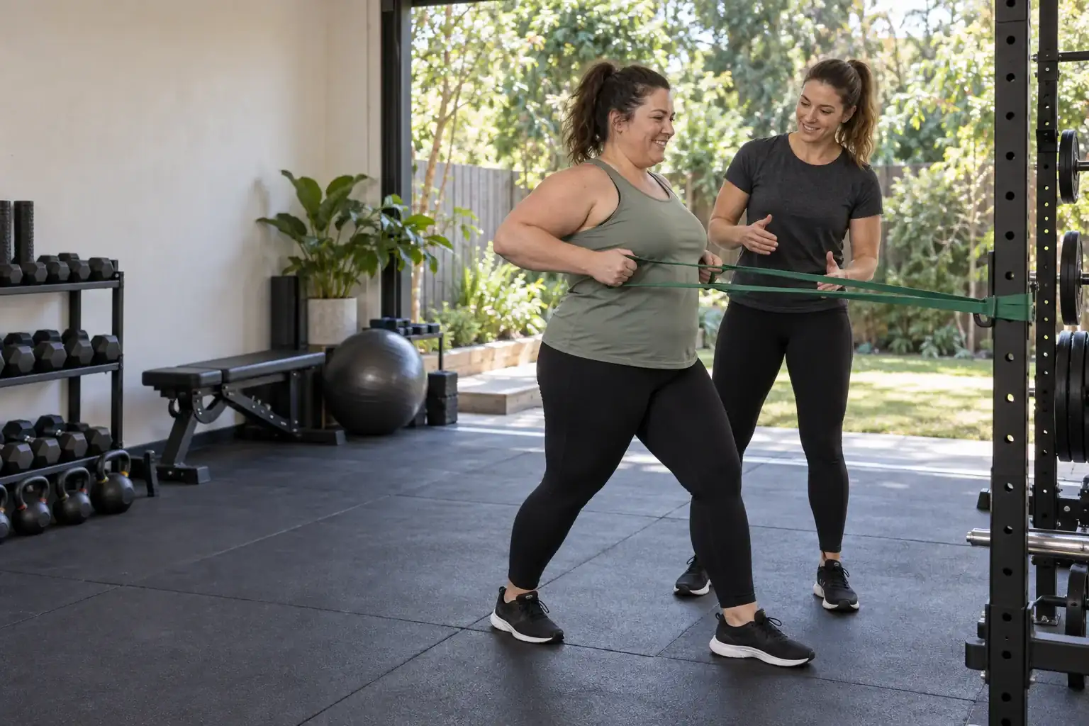 Trainer coaching a woman through a standing resistance-band row in a home gym